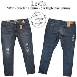NWT Levi Strauss 721 Jeans Women 24 High Rise Skinny Distress Blue Denim Classic